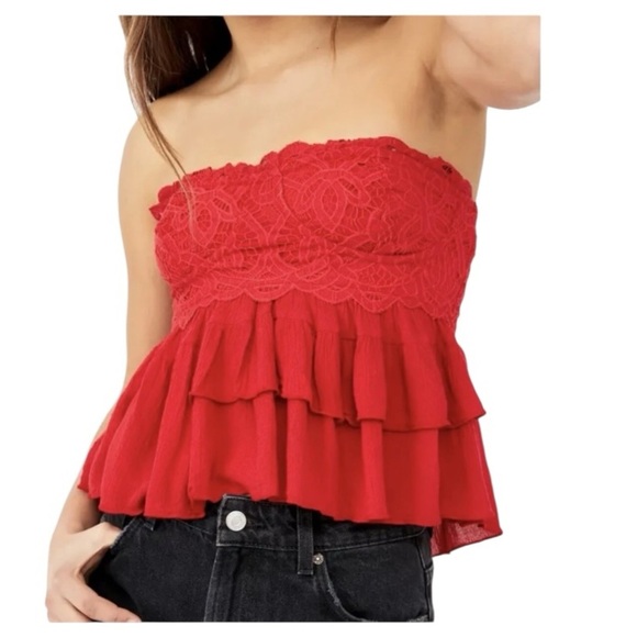 Free People Red Lace Corset Top Strapless Cropped Ruffle Cami Adella S NWT - Picture 1 of 11